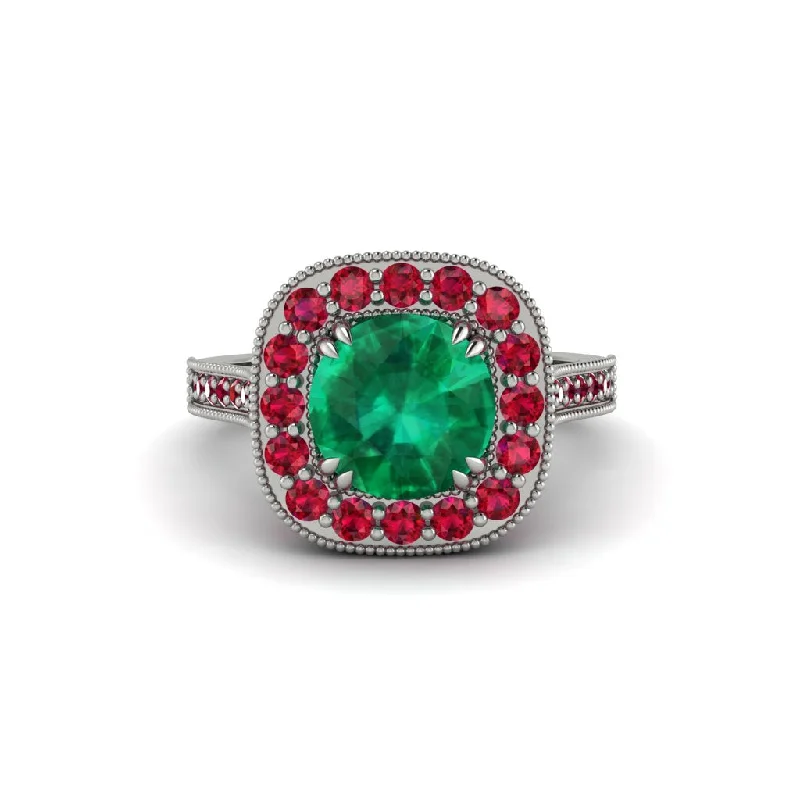 Engagement rings with emerald diamonds for women-Milgrain Halo Round Emerald Engagement Ring - Odette No. 51