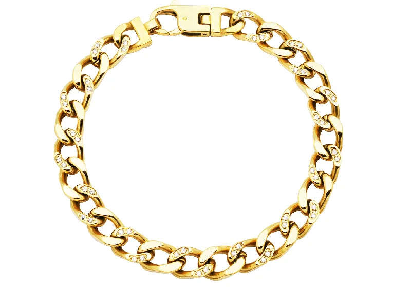 Fashionable cuff women bracelets-Mens Gold Stainless Steel Curb Link Chain Bracelet With Cubic Zirconia