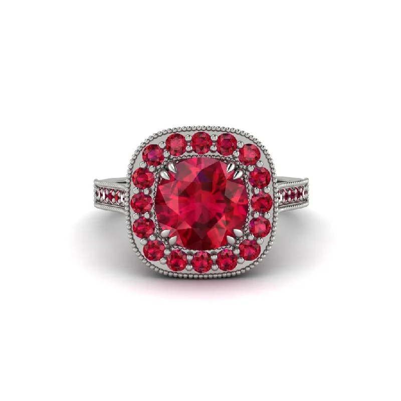 Engagement rings with a diamond band for women-Milgrain Halo Round Ruby Engagement Ring - Odette No. 57