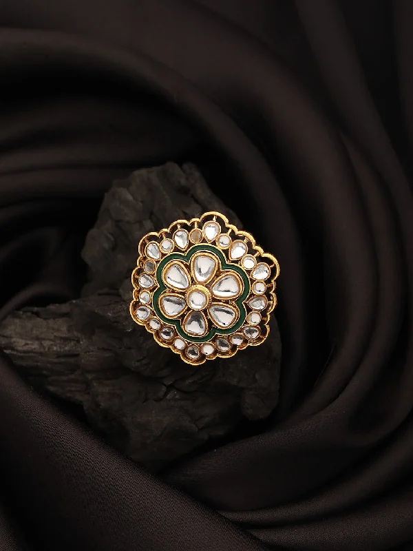 Antique style women rings-Gold-Plated White Kundan-Studded & Green Meenakari Adjustable Finger Rings