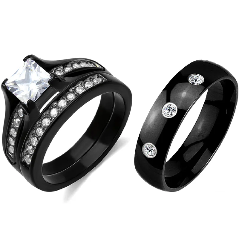 Non-traditional engagement rings for women-3 PCS Couple Black IP Stainless Steel 7x7mm Princess Cut CZ Engagement Ring Set Mens Band with 3 CZs