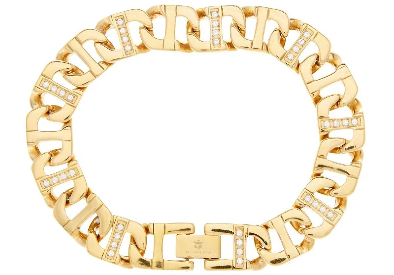 Layered women bracelets-Mens Gold Stainless Steel Flat Anchor Link Chain Bracelet With Cubic Zirconia