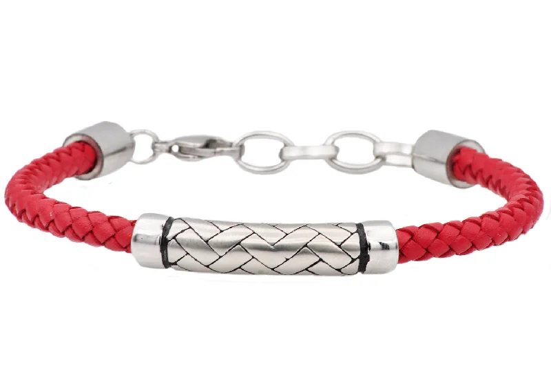 Minimalist women bracelets-Mens Red Leather Stainless Steel Bracelet