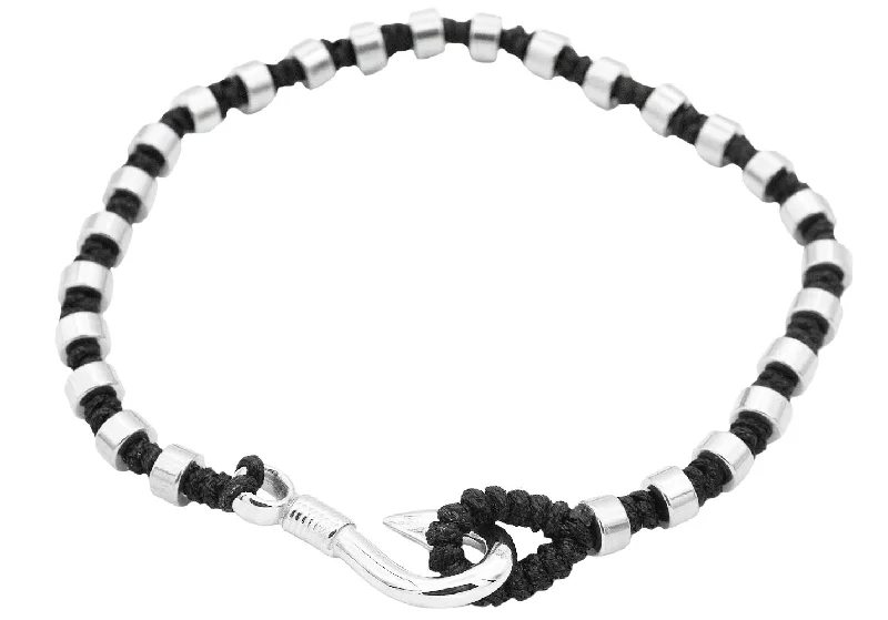 Beaded bangle bracelets for women-Mens Black Cotton Rope Stainless Steel Hook Bracelet