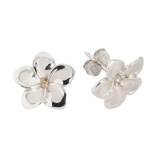 Dangle women earrings-14K White Gold Plumeria Post Earrings Sandblast Polish Edge (XS/S)