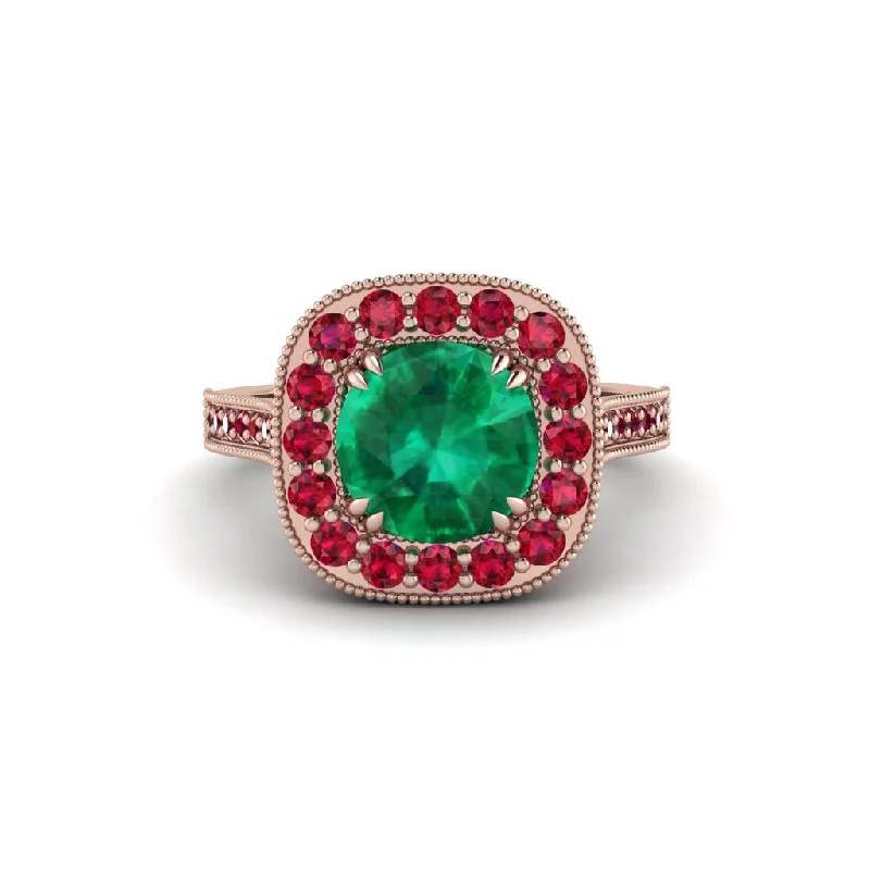 Engagement rings with princess-cut diamonds for women-Milgrain Halo Round Emerald Engagement Ring - Odette No. 50