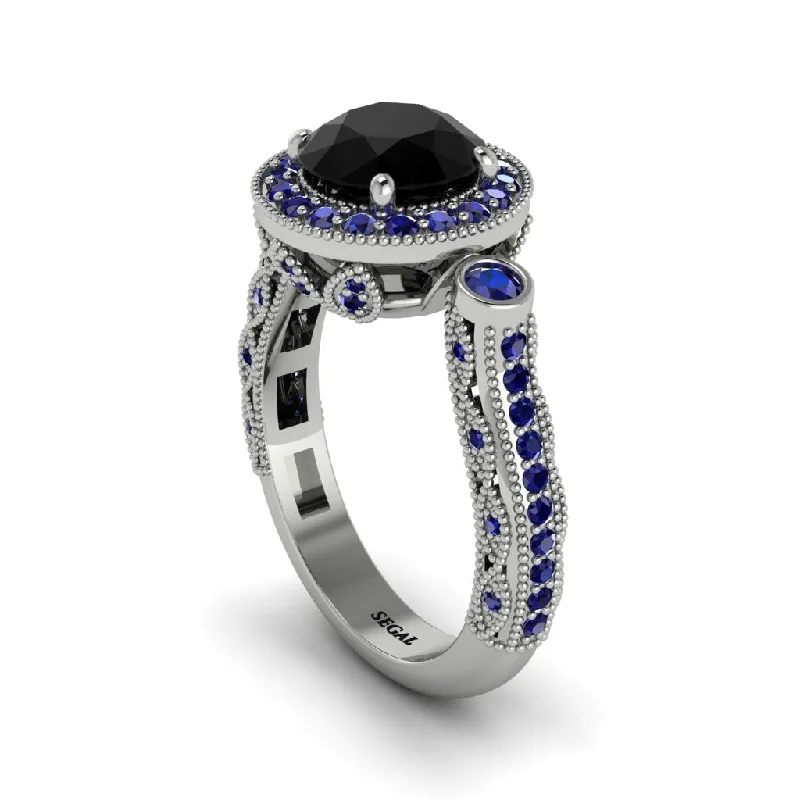 Custom engagement rings with colored stones for women-Milgrain Halo Pave Black Diamond Engagement Ring - Mabel No. 69