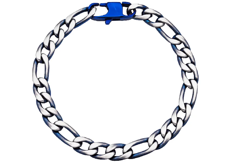 Heart-shaped women bracelets-Mens Two Tone Blue Stainless Steel Figaro Link Chain Bracelet