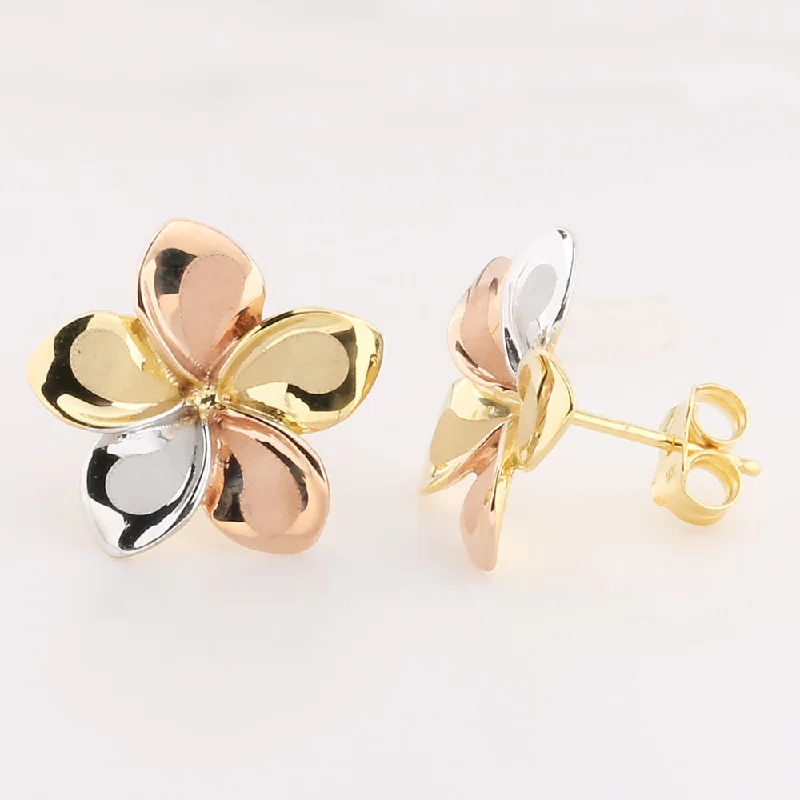 Layered women earrings-14K Tri-Color Gold Plumeria Post Earrings (6.5-15.5mm)