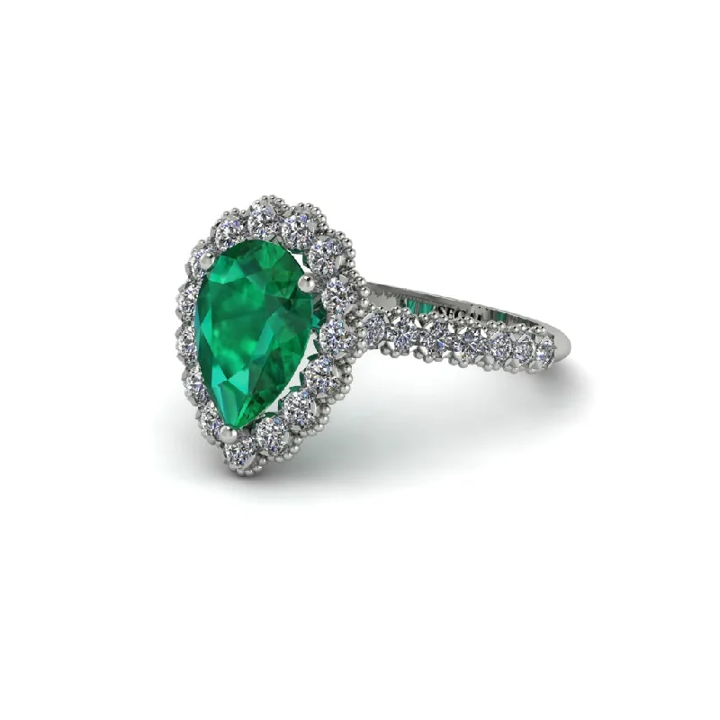 Engagement rings with a diamond band for women-Halo Pear Emerald Pave Engagement Ring - Ingrid No. 6