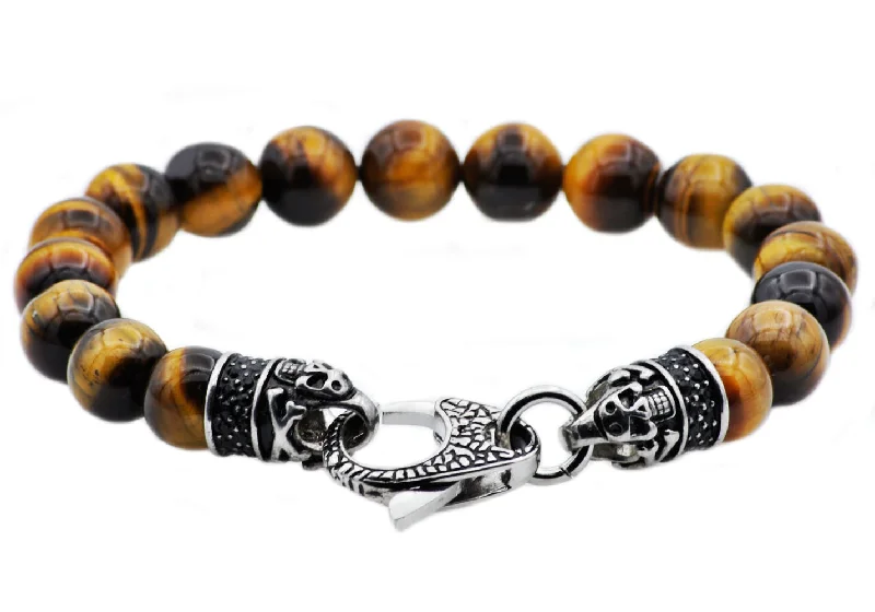 Fashionable cuff women bracelets-Mens Genuine Tiger Eye Stainless Steel Beaded Bracelet With Black Cubic Zirconia