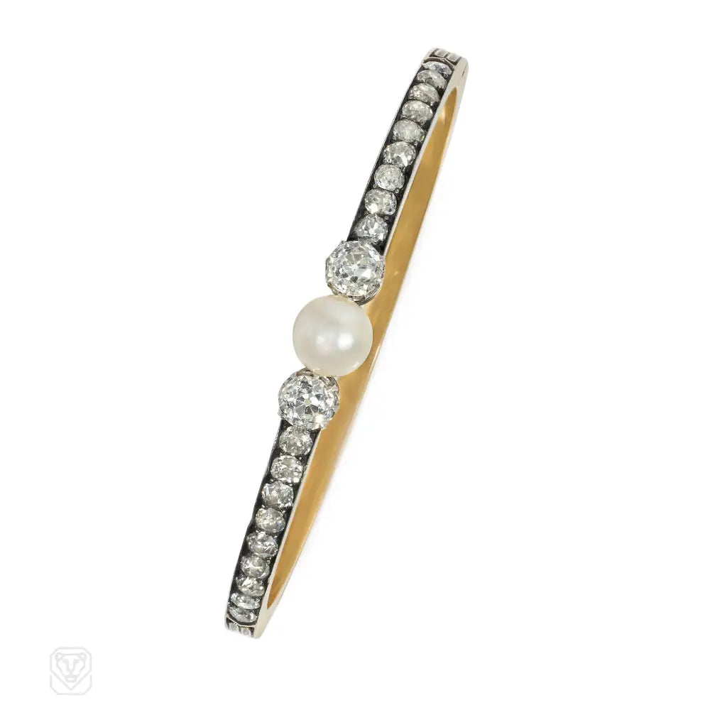 Custom bangle bracelets for women-French antique pearl and diamond bangle bracelet