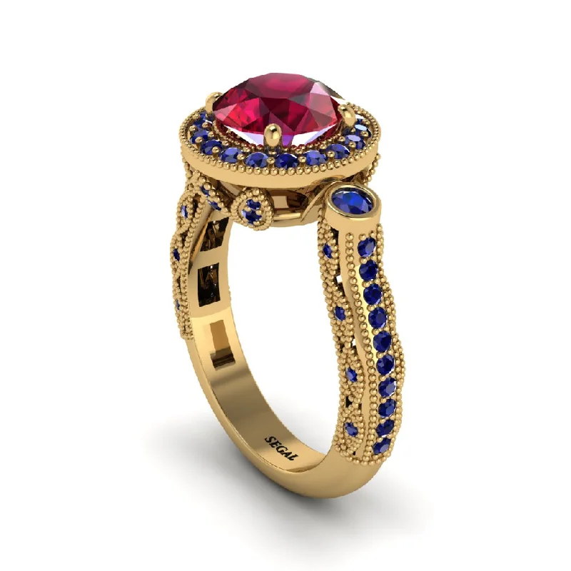 Affordable engagement rings for women with diamonds-Milgrain Halo Pave Ruby Engagement Ring - Mabel No. 70