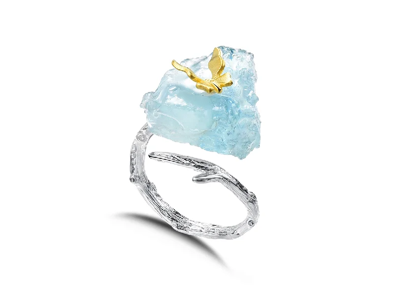 Simple women rings-Aquamarine Butterfly Ring