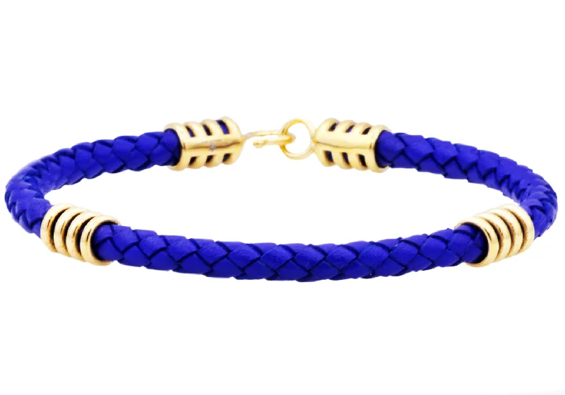 Statement women bracelets-Mens Blue Leather Gold Stainless Steel Bracelet