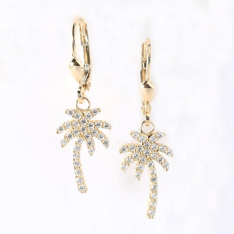 Minimalist women earrings-14K Yellow Gold Palm Tree Pave CZ Lever Back Earrings