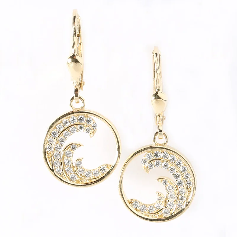 Pearl drop women earrings-14K Yellow Gold Wave with CZ in Circle Lever Back Earrings