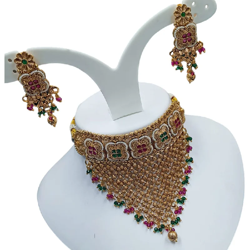 Unique gemstone women necklaces-Padmawati Bangles Copper Gold Pota Stone And Beads Necklace Set