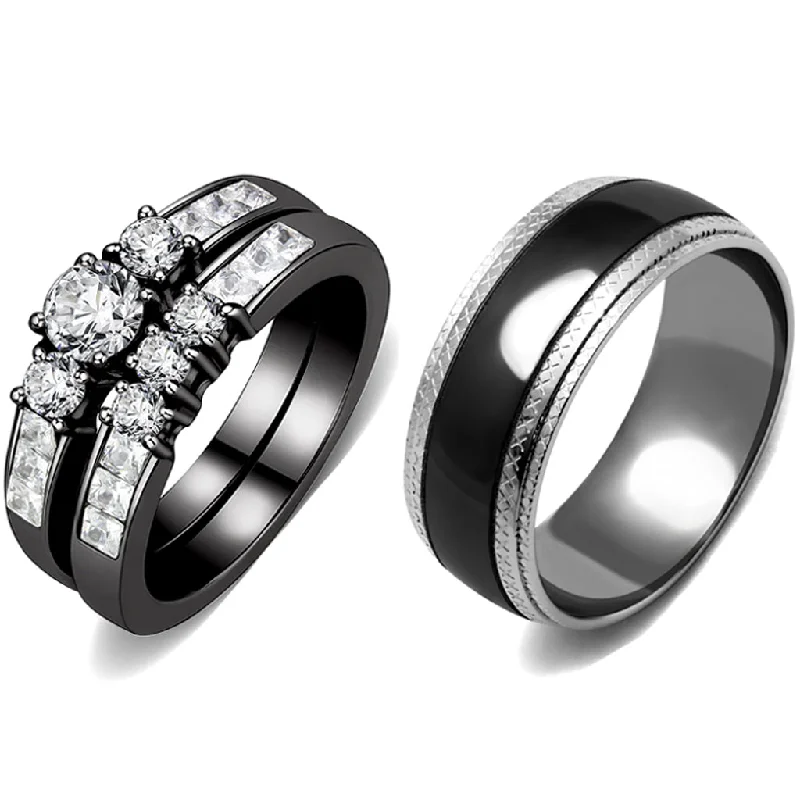 Engagement rings with unique settings for women-Couple Rings Black Set Womens Stainless Steel Small Round CZ Engagement Ring Set Mens Wedding Band