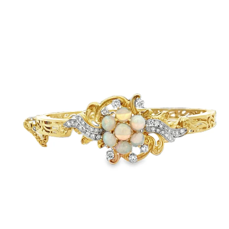 Chunky silver women bracelets-Vintage Opal and Diamond Bangle Bracelet in 18k Yellow Gold