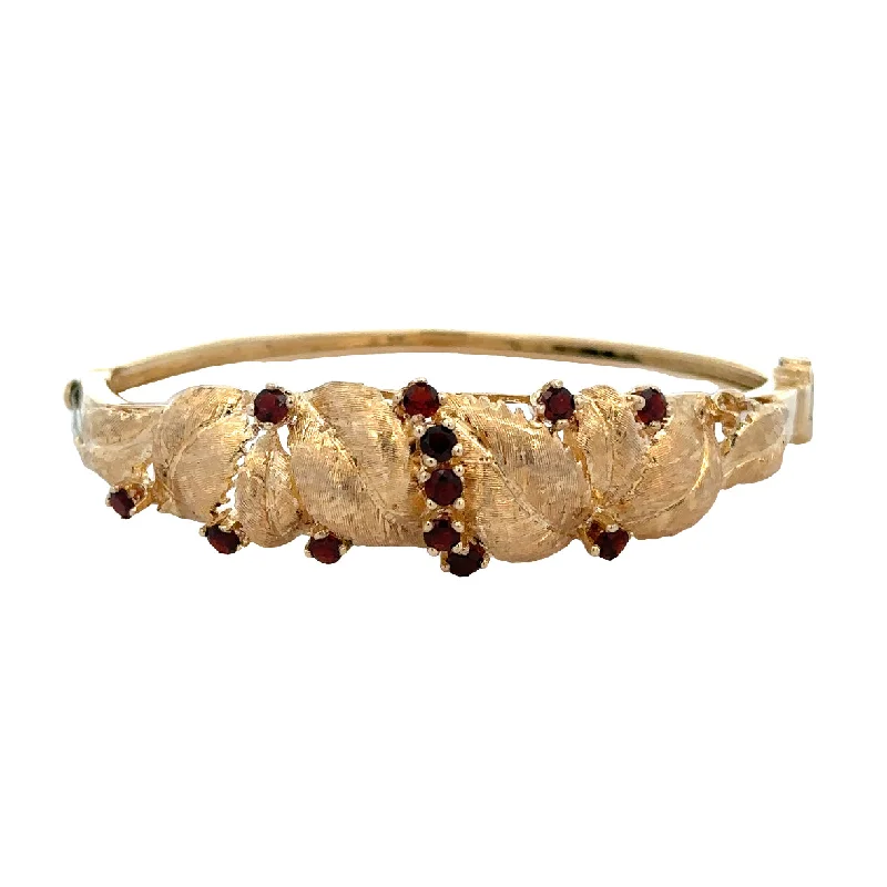 Beaded bangle bracelets for women-Mid-Century Vintage Garnet Foliate Bracelet in Yellow Gold