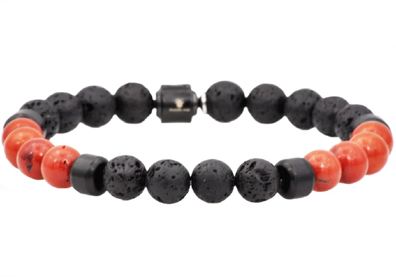 Birthstone women bracelets-Mens Genuine Lava Stone And Red Fossil Black Plated Stainless Steel Beaded Bracelet