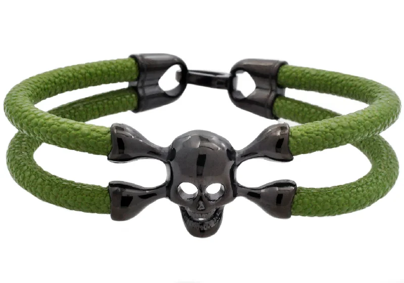 Vintage bangle bracelets for women-Mens Green Leather And Black Plated Stainless Steel Skull Bracelet