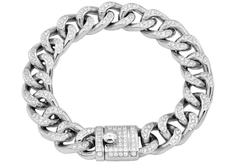 Trendy women bracelets-Mens Stainless Steel Curb Link Chain Bracelet With Cubic Zirconia