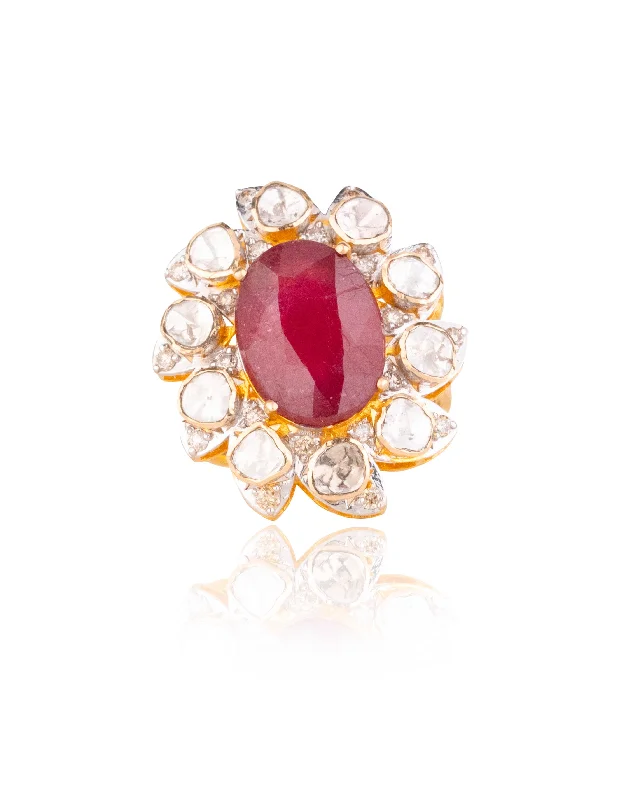 Adjustable gemstone women rings-Kashvi Polki And Diamond Ring