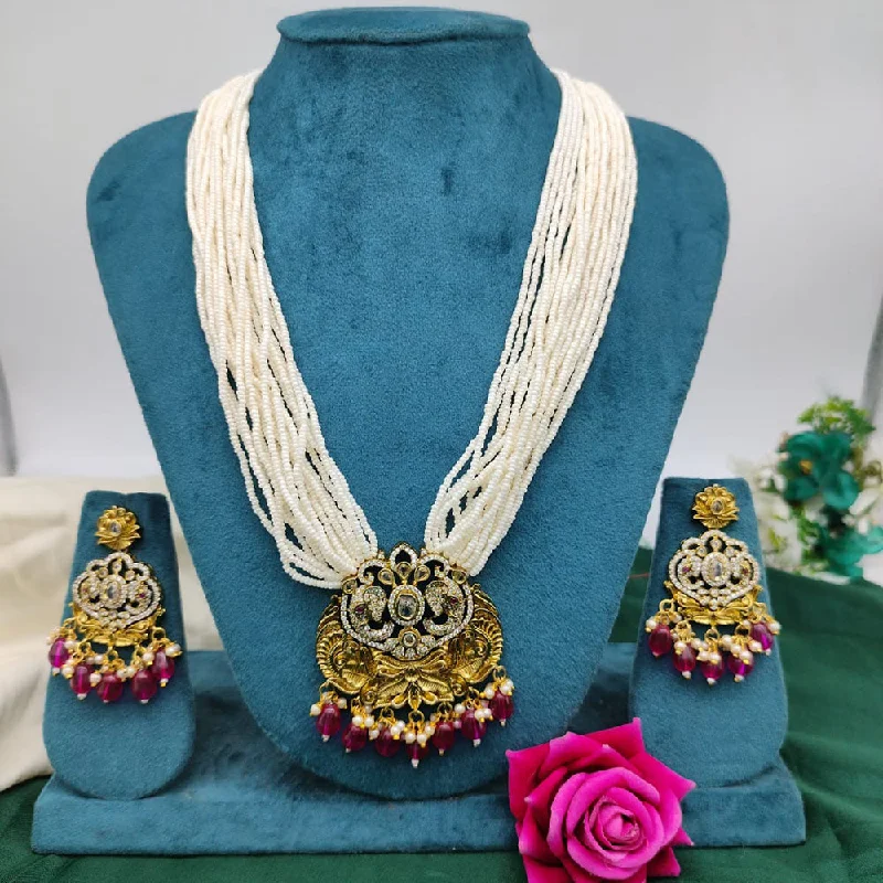 Women necklace jewelry-Akruti Collection Gold Plated AD Stone And Beads Necklace Set