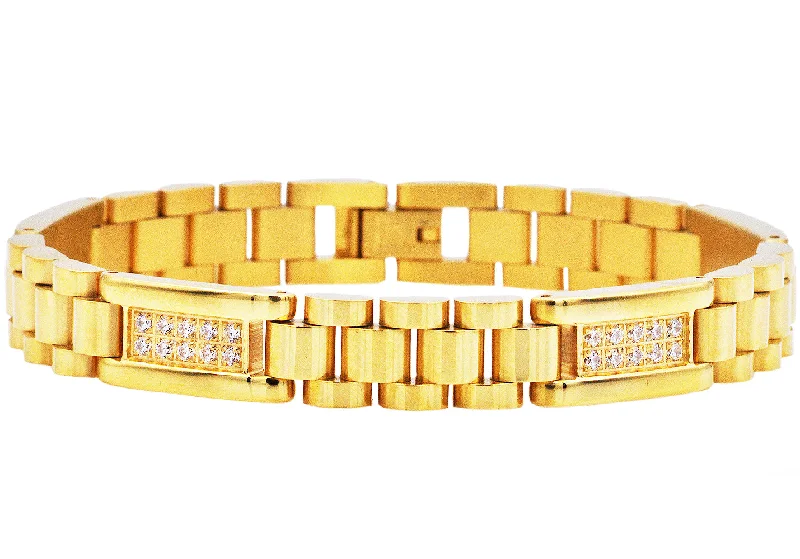 Simple beaded women bracelets-Mens Gold Stainless Steel Link Bracelet With Cubic Zirconia