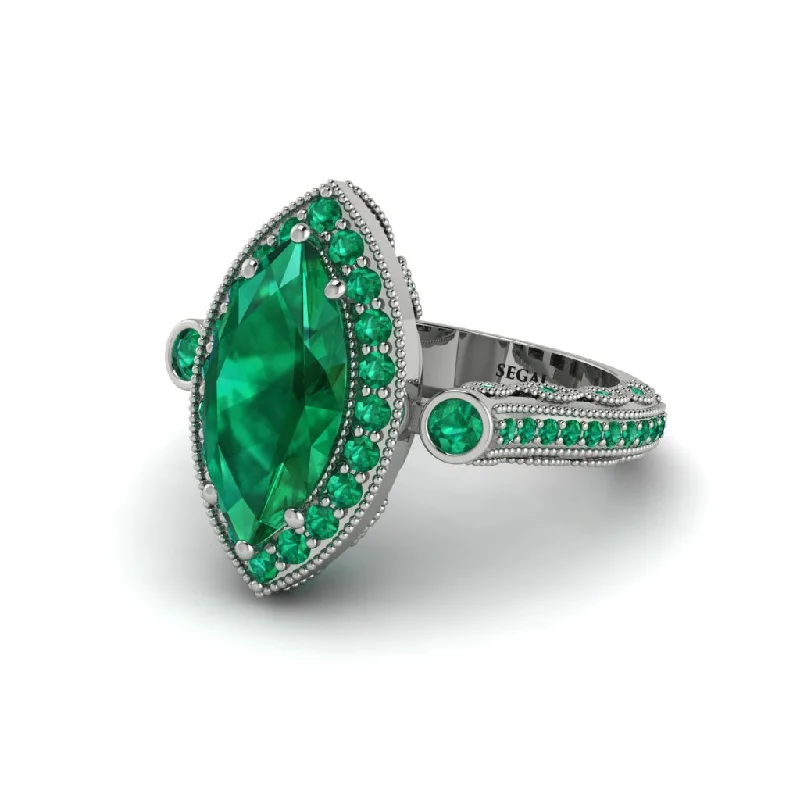 Engagement rings with a thin band for women-Milgrain Halo Marquise Emerald Engagement Ring - Noreen No. 21