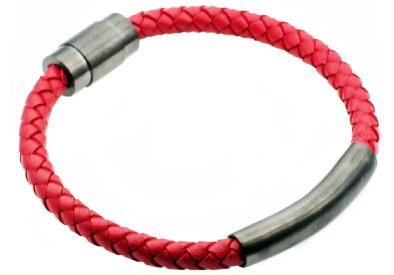 Simple women bracelets-Mens Red Leather Gunmetal Stainless Steel Bracelet