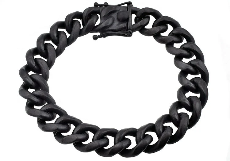 Large cuff women bracelets-Mens 14mm Matte Black Plated Stainless Steel Miami Cuban Link Chain Bracelet With Box Clasp