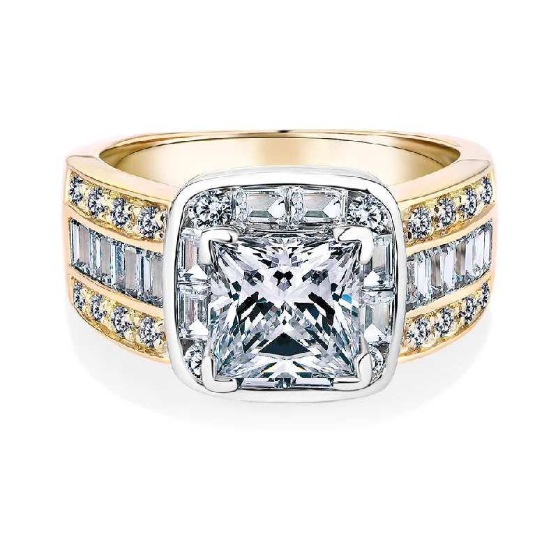 Luxury wedding women rings-Dress ring with 3.6 carats* of diamond simulants in 10 carat yellow and white gold