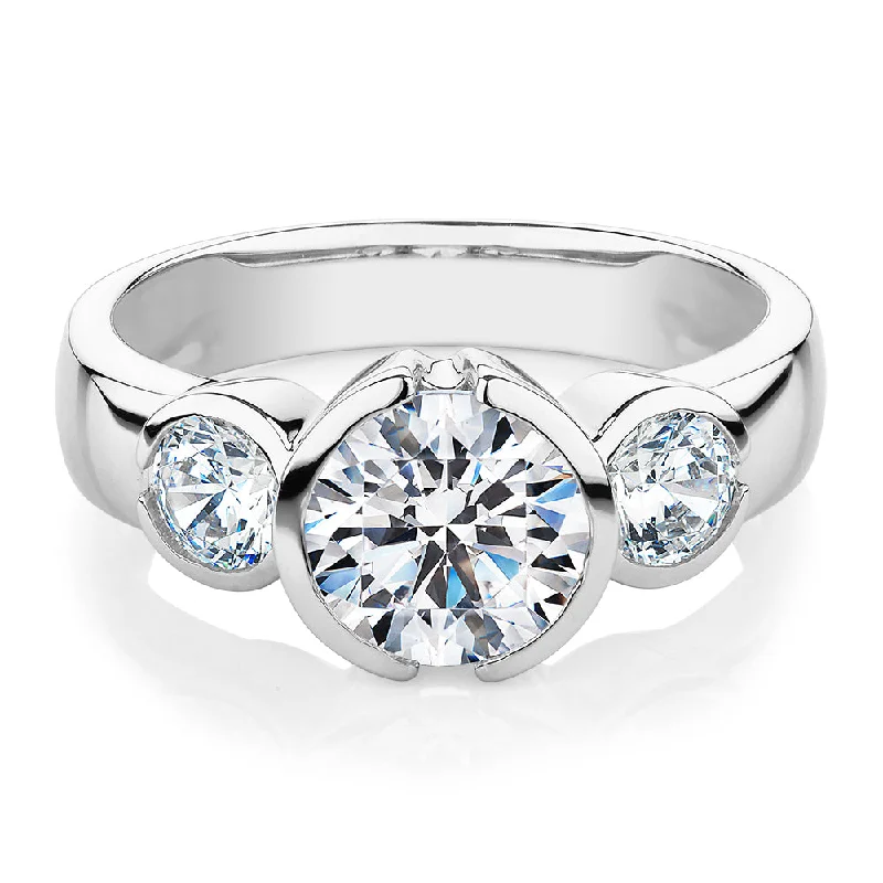 Personalized women rings-Three stone ring with 2.23 carats* of diamond simulants in 10 carat white gold