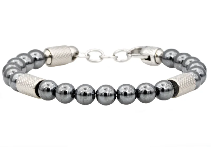 Trendy bangle bracelets for women-Mens Genuine Hematite Stainless Steel Beaded Bracelet