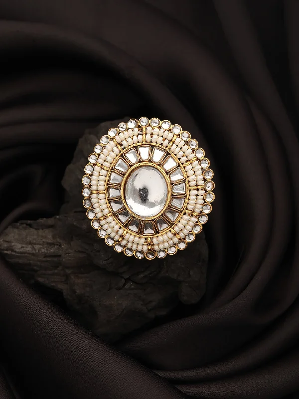 Luxury pearl women rings-Gold-Plated White Kundan Studded & Pearl Embellished Adjustable Finger Ring