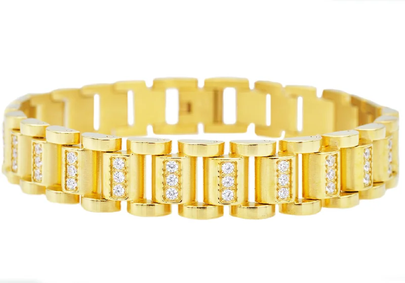 Geometric women bracelets-Mens Gold Stainless Steel Link Bracelet With Cubic Zirconia