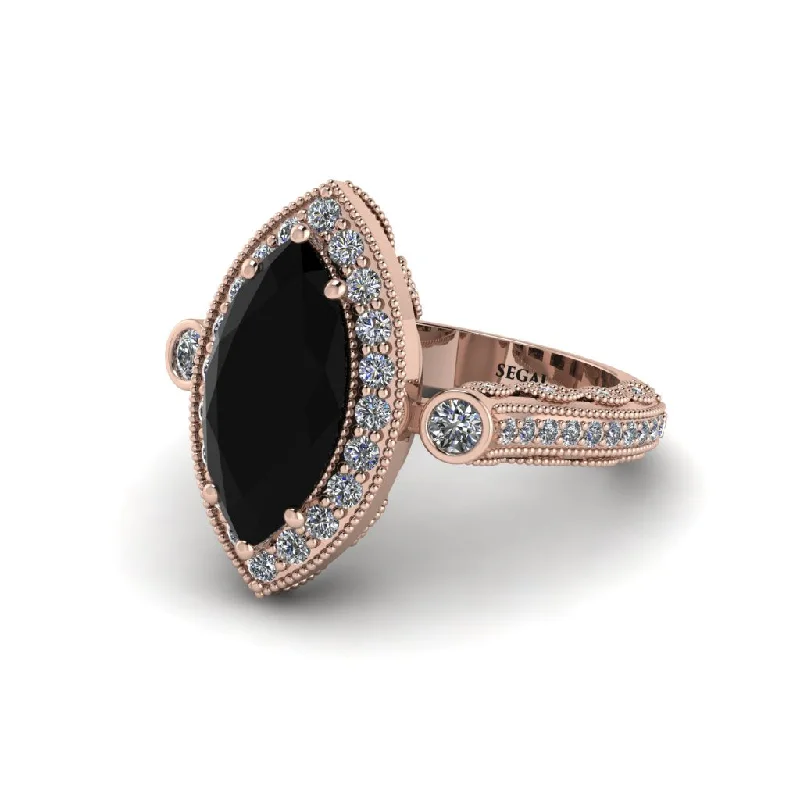 Engagement rings with square diamonds for women-Milgrain Halo Marquise Black Diamond Engagement Ring - Noreen No. 8