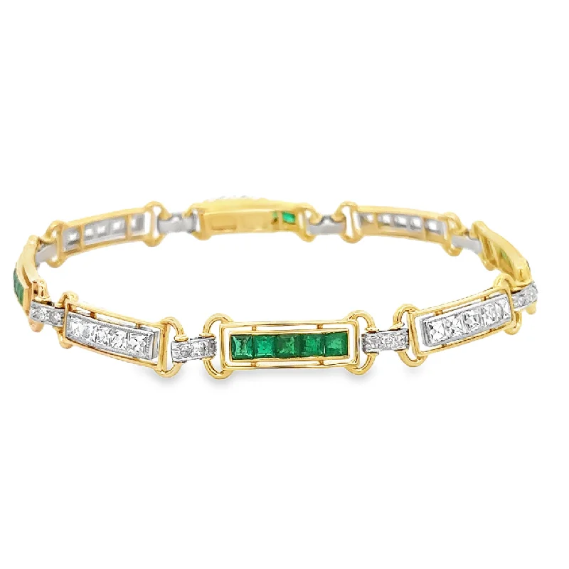 Personalized women bracelets-Antique Emerald and Diamond Bracelet in 18k Yellow Gold and Platinum 8.5" Long