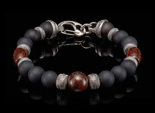 Trendy women bracelets-Magma, Beaded bracelet with Sterling silver, fossil dinosaur bone, and black onyx