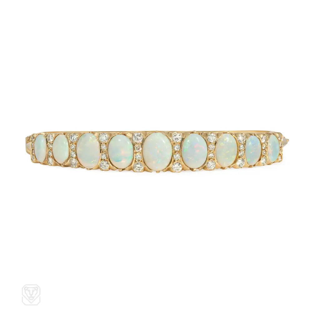 Designer women bracelets-Antique opal and diamond half hoop bracelet