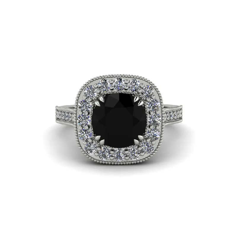 Engagement rings with lab-grown diamonds for women-Milgrain Halo Round Black Diamond Engagement Ring - Odette No. 9