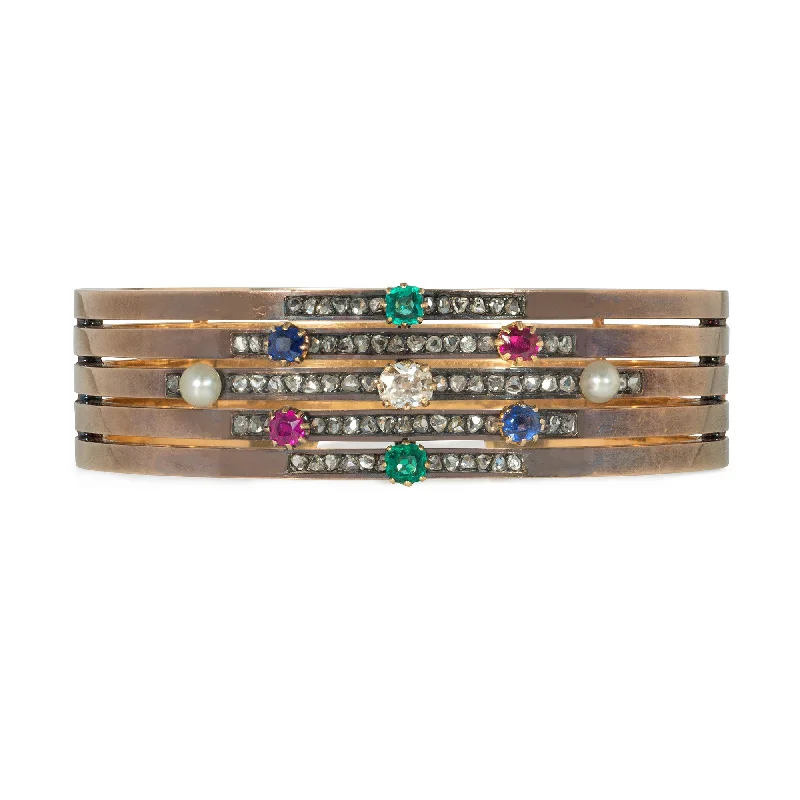 Crystal women bracelets-Antique multigem banded cuff bracelet in patinated gold