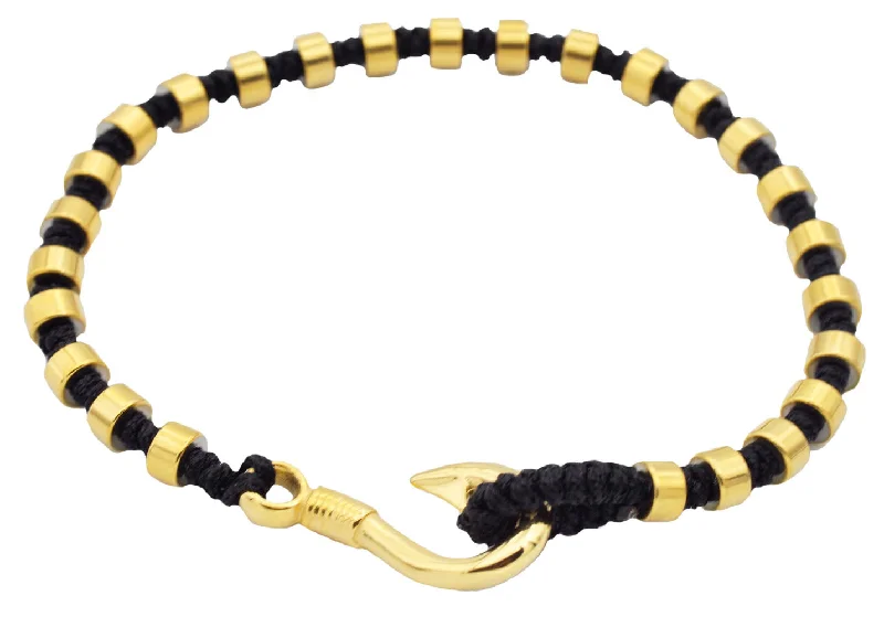 Silver charm women bracelets-Mens Black Cotton Rope Gold Stainless Steel Hook Bracelet