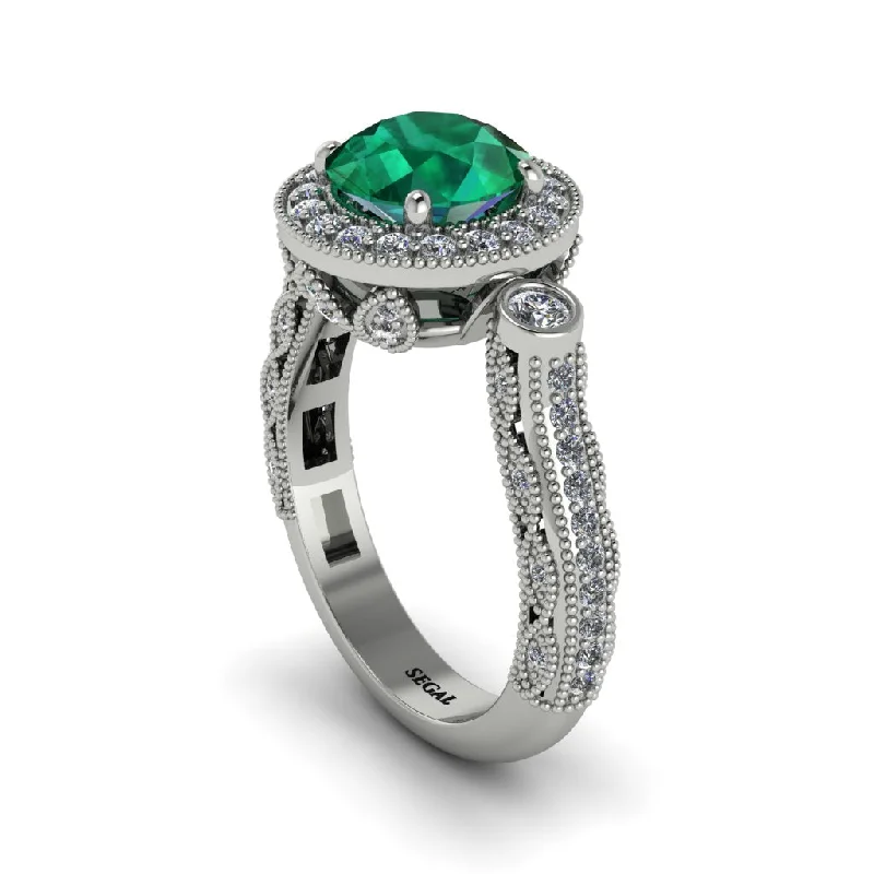 Engagement rings with pave diamonds for women-Milgrain Halo Pave Emerald Engagement Ring - Mabel No. 6