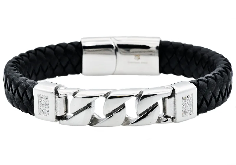 Simple women bracelets-Mens Black Leather And Stainless Steel Imitation Curb Link Bracelet With Cubic Zirconia