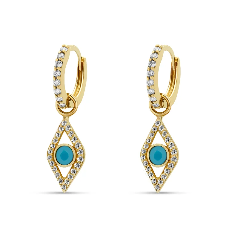 Natural gemstone women earrings-Evil Eye Diamond Turquoise Huggies - 14 karat gold huggie earrings, diamonds 0.45ct, turquoise 0.1ct