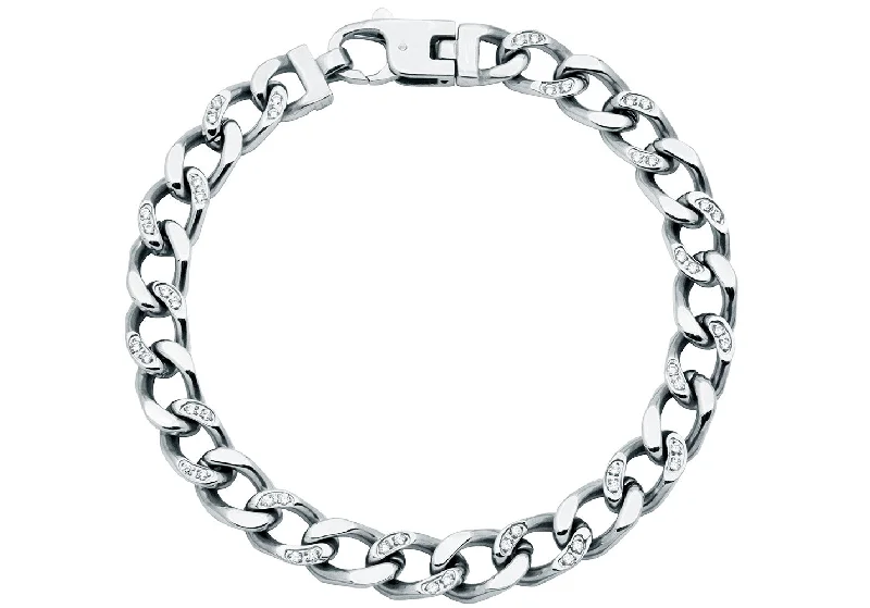 Chunky silver women bracelets-Mens Stainless Steel Curb Link Chain Bracelet With Cubic Zirconia